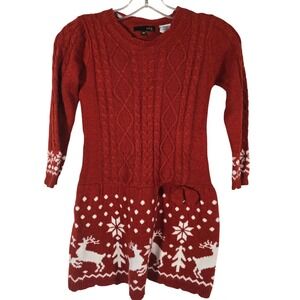 Girls Red Cable Knit Sweater Holiday Dress Reindeer Snowflake Cute 6x